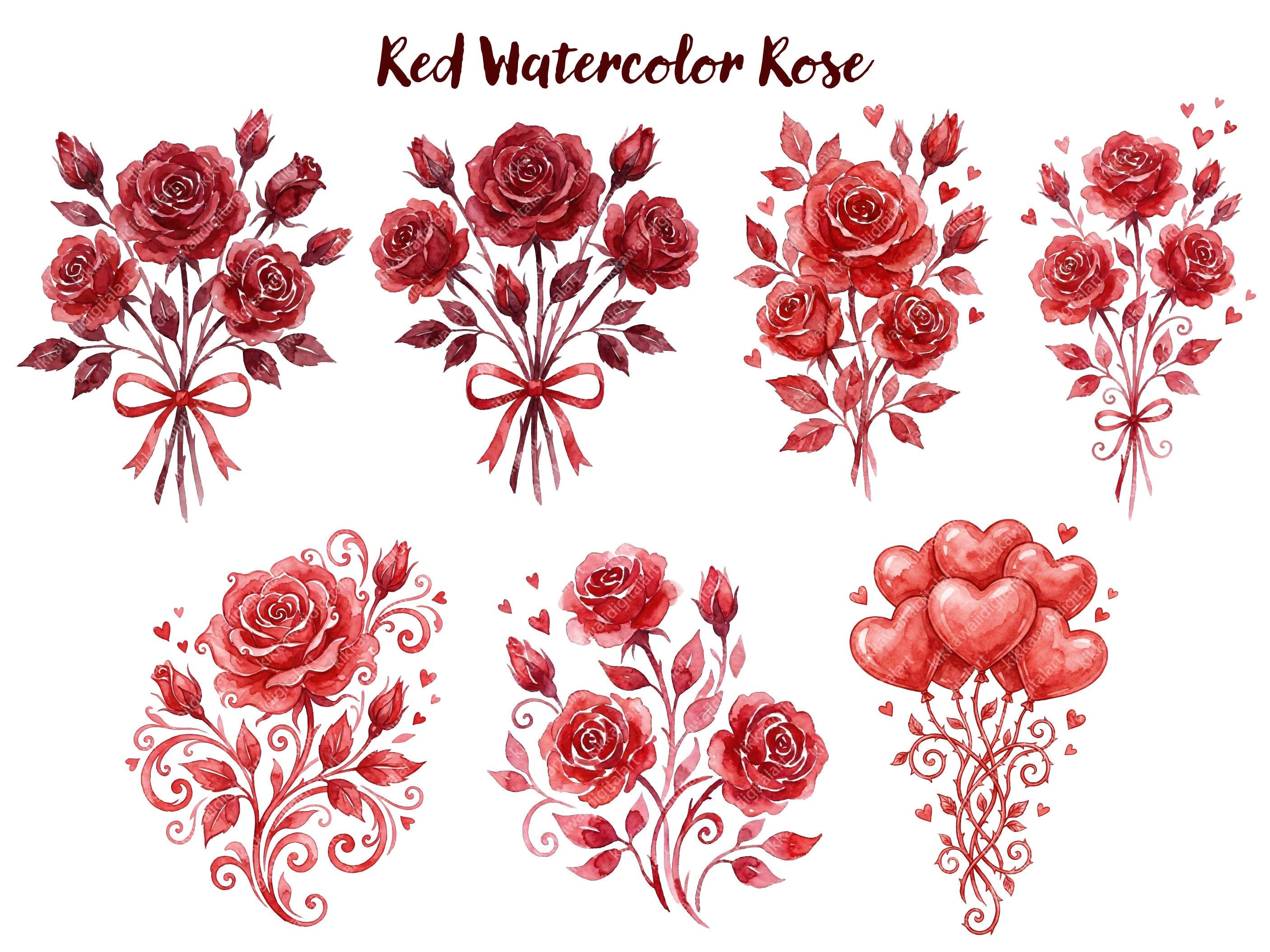 Red Watercolor Rose Clipart Set, Floral Wreath Border Corner Bouquet ...