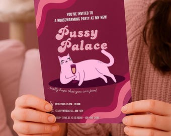 Funny Cat Party Invite | Editable Housewarming Invitation | Retro Pink | Single Woman Dream Home | Canva Template (Digital Download)