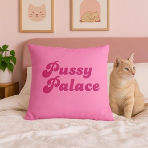 May include: A bright pink square pillow with the words "Pussy Palace" in a retro font. A light orange tabby cat sits on the bed next to the pillow. Two framed cat-themed pictures hang on the wall.