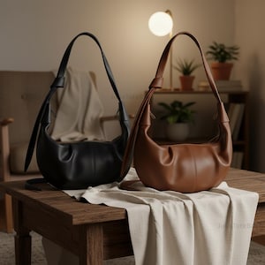 Bolso plisado retro coreano / Monedero de cuero suave con diseño de bola de masa hervida / Bandolera grande