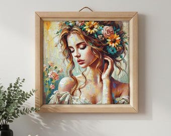 Floral Woman Portrait Print, Bohemian Abstract Wall Art, Square 40x40 cm