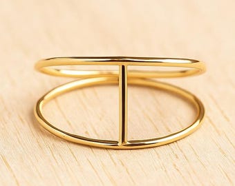 Gold Double Band Ring – 18K Minimalist Open Bar – Dainty Geometric Stackable Ring
