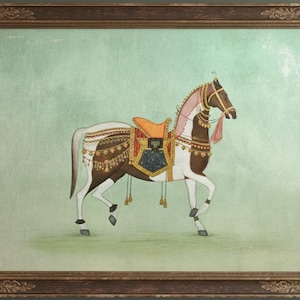 Impressão de pintura de cavalo Mughal, arte em miniatura real indiana, garanhão Marwari