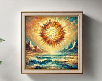 Abstract Sunburst Ocean Sunrise Print, Textured Seascape Wall Art