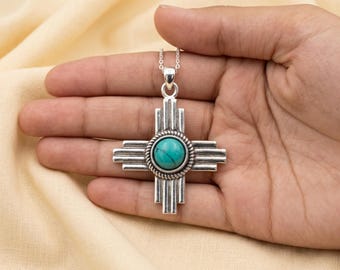 Kingman Turquoise Zia Pendant Southwestern Style | New Mexico Jewelry | Sterling Silver Zia Cross Necklace | Cross Unisex Zia Symbol
