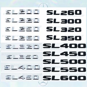 May include: A sheet of silver and black car emblems, including SL200, SL220, SL250, SL280, SL320, SL350, SL400, SL450, SL260, SL300, SL320, SL350, SL400, SL450, SL500, SL550, and SL600. The text "FONIX24SHOP" is also visible.