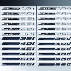 May include: A sheet of automotive emblems with the word "Drive" above various numerical designations. The emblems are silver and black, with a sleek, modern font. The numbers include 18i, 30i, 33i, 35i, 33d, 35d, 40i, 45i, 48i, 50i, 55i.