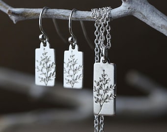 Wildflower Earrings and Necklace in Sterling Silver • Hand Stamped Nature Inspired Botanical Handmade Silver Jewelry Gift Set