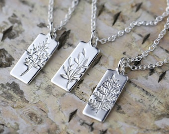 Hand Stamped Botanical Necklace in Sterling Silver • Plant Leaves Wildflower Handmade Jewelry