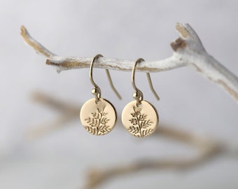 Tiny Hand Stamped Fern Leaves Gold Earrings • Dainty Leaf Dangle Disc Lever back Earrings • Handmade Gold Filled Jewelry by Burnish