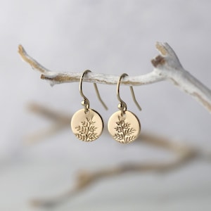 Tiny Hand Stamped Fern Leaves Gold Earrings • Dainty Leaf Dangle Disc Lever back Earrings • Handmade Gold Filled Jewelry by Burnish