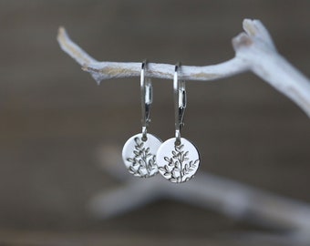 Tiny Hand Stamped Wildflower Lever-back Earrings in Sterling Silver • Dainty Minimalist Nature Dangle Disc Earrings