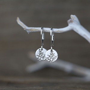 Tiny Hand Stamped Wildflower Lever-back Earrings in Sterling Silver • Dainty Minimalist Nature Dangle Disc Earrings