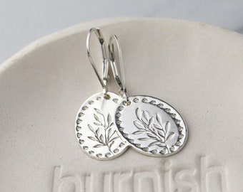 Silver Leaf Oval Earrings • Minimalist Hand Stamped Sterling Silver Botanical Dangle Lever back Earrings • Jewelry Made in Alaska