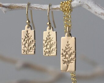 Wildflower Earrings and Necklace in Gold Filled • Hand Stamped Nature Inspired Botanical Handmade Gold Jewelry Gift Set