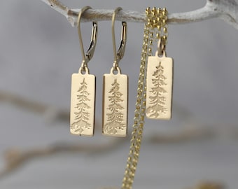 Evergreen Tree Earrings and Necklace in Gold Filled • Hand Stamped Nature Inspired Alaskan Tree Jewelry Gift Set Handmade by Burnish