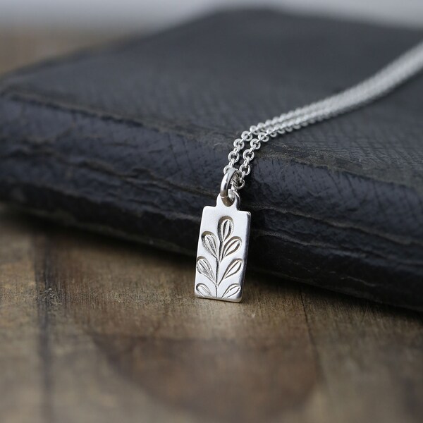 Hand Stamped Silver Botanical Necklace • Sterling Silver Leaf Tag Pendant Necklace • Simple Nature Jewelry by Burnish
