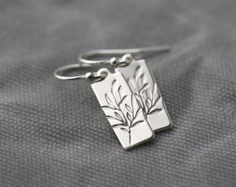 Willow Leaf Earrings in Sterling Silver • Small Hand Stamped Dainty Minimalist Nature Dangle Earrings