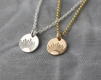 New Day Sunrise Necklace in Sterling Silver or Gold Filled • Hand Stamped Sun Pendant Charm Necklace by Burnish