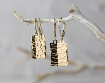 Minimalist Hammered Gold Filled Dangle Earrings • Modern Lever-back Tag Earrings by Burnish