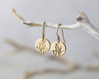 Tiny Hand Stamped Leaves Gold Earrings • Dainty Minimalist Leaf Dangle Disc Earrings • Handmade Gold Filled Jewelry by Burnish