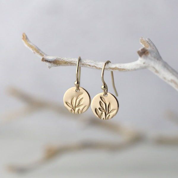 Tiny Hand Stamped Leaves Gold Earrings • Dainty Minimalist Leaf Dangle Disc Earrings • Handmade Gold Filled Jewelry by Burnish