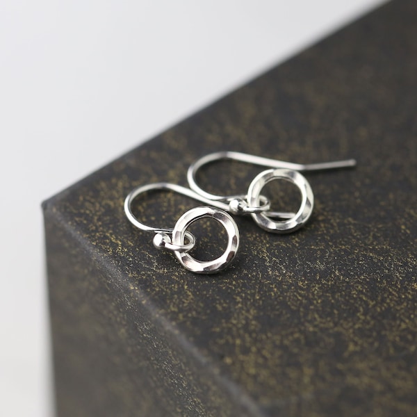 Tiny Circle Sterling Silver Earrings Dangle • Simple Hammered Lightweight Dainty Earrings for Women  • Small Minimalist Everyday Jewelry