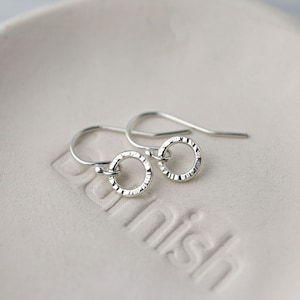Tiny Circle Earrings Bark Texture Minimalist Simple Sterling Silver Dangle Earrings Silver Jewelry Handmade Gifts image 1
