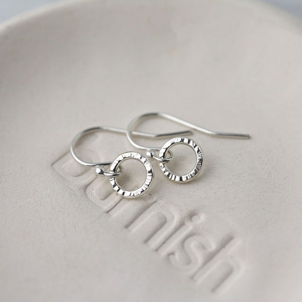 Tiny Circle Earrings Bark Texture • Minimalist Simple Sterling Silver Dangle Earrings • Silver Jewelry Handmade Gifts