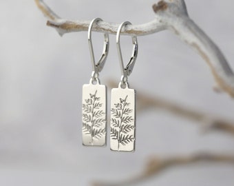 Fern Leaf Lever-back Earrings in Sterling Silver • Small Hand Stamped Dainty Minimalist Nature Dangle Earrings
