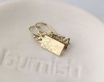 Tiny Textured Gold Minimal Earrings • Dainty Gold Filled Minimalist Dangle Earrings • Handmade Jewelry by Burnish
