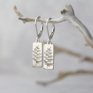 Fern Leaf Lever-back Earrings in Sterling Silver • Small Hand Stamped Dainty Minimalist Nature Dangle Earrings
