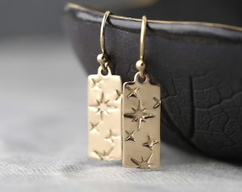Gold Dangle Star Earrings | Hand Stamped Celestial Jewelry Gift