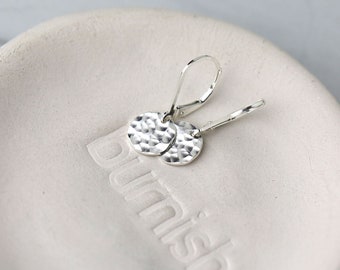 Tiny Hammered Sterling Silver Lever-Back Earrings, Handmade Small Dangle Earrings Leverback, Silver Lever Back Earrings