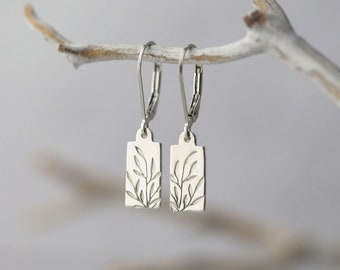 Tiny Hand Stamped Leaf Earrings • Sterling Silver or Gold Filled Minimalist Earrings Dangle • Handmade Jewelry by Burnish