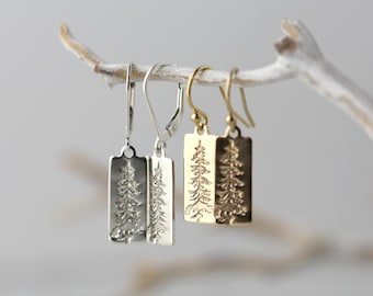 Hand Stamped Evergreen Tree Earrings in Sterling Silver or Gold Filled • Alaskan Nature Inspired Lever-back Earrings Made in Alaska