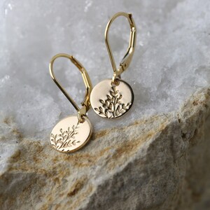 Tiny Hand Stamped Wildflower Lever-back Earrings in Gold Filled • Dainty Minimalist Spring-Inspired Nature Dangle Disc Earrings