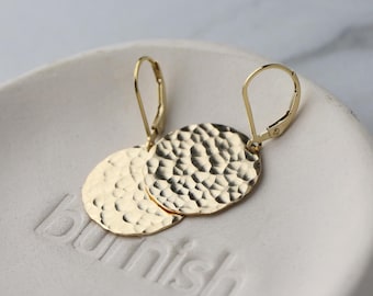 Large Hammered 14K Gold Filled Disc Dangle Earrings: Minimalist Statement Leverback Drop by Burnish