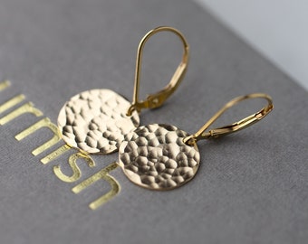 Hammered Gold Earrings Lever-back, Minimalist Gold Filled Disc Dangle Leverback Earrings, Gold Jewelry Gift for Her