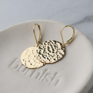 Large Hammered Gold Earrings Dangle, Minimalist Gold Filled Disc Statement Lever-back Earrings