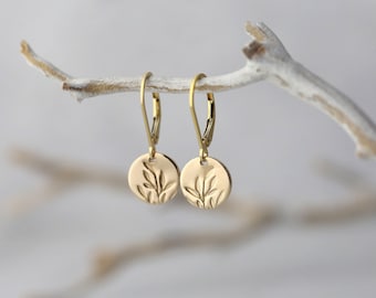Tiny Hand Stamped Leaves Gold Lever-back Earrings • Dainty Minimalist Leaf Dangle Disc Earrings • Handmade Gold Filled Jewelry by Burnish