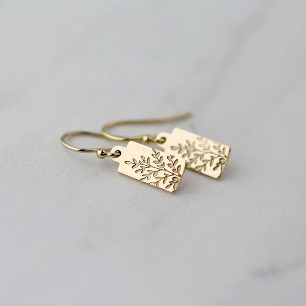 Tiny Wildflower Gold Filled Earrings • Small Dainty Minimalist Nature Hand Stamped Leaf Dangle Lever-back Earrings