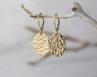 Hammered Gold Oval Earrings Lever-back • Minimalist Gold Filled Disc Dangle Leverback Earrings