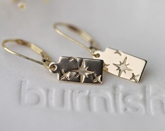 Small Gold Filled Celestial Dangle Lever back Earrings: Hand Stamped Star Jewelry
