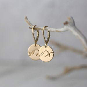 Minimalist Gold Mountain Lever-back Earrings • Hand Stamped Gold Filled Disc Earrings • Handmade Jewelry by Burnish