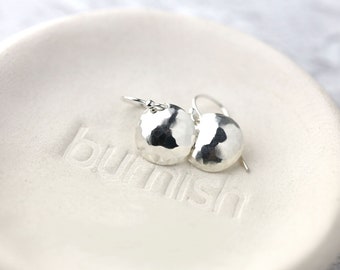 Hammered Sterling Silver Earrings Handmade • Minimalist Domed Earrings • Handmade Gifts for Her • Simple Disc Earrings Dangle Drop