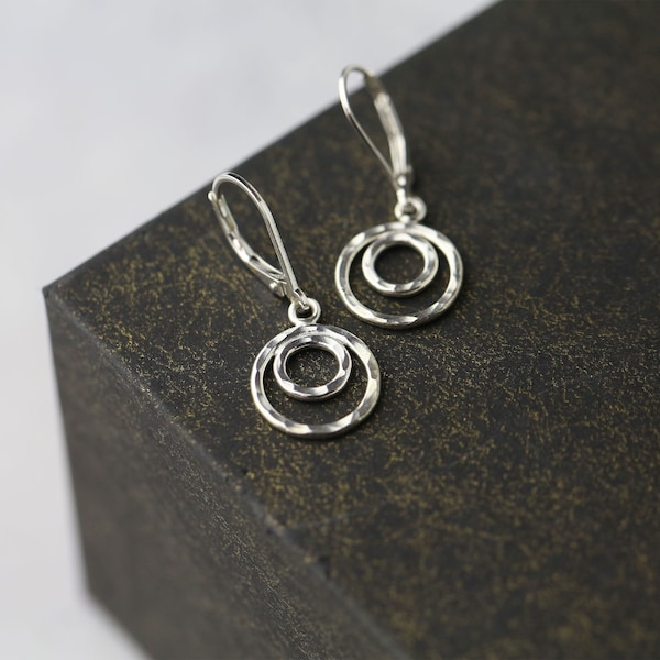 Double Circle Sterling Silver Lever-back Earrings • Simple Silver Hammered Dainty Dangle Earrings  • Minimalist Jewelry