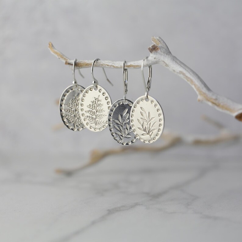 Silver Leaf Oval Earrings Minimalist Hand Stamped Sterling Silver Botanical Dangle Lever back Earrings Jewelry Made in Alaska image 2