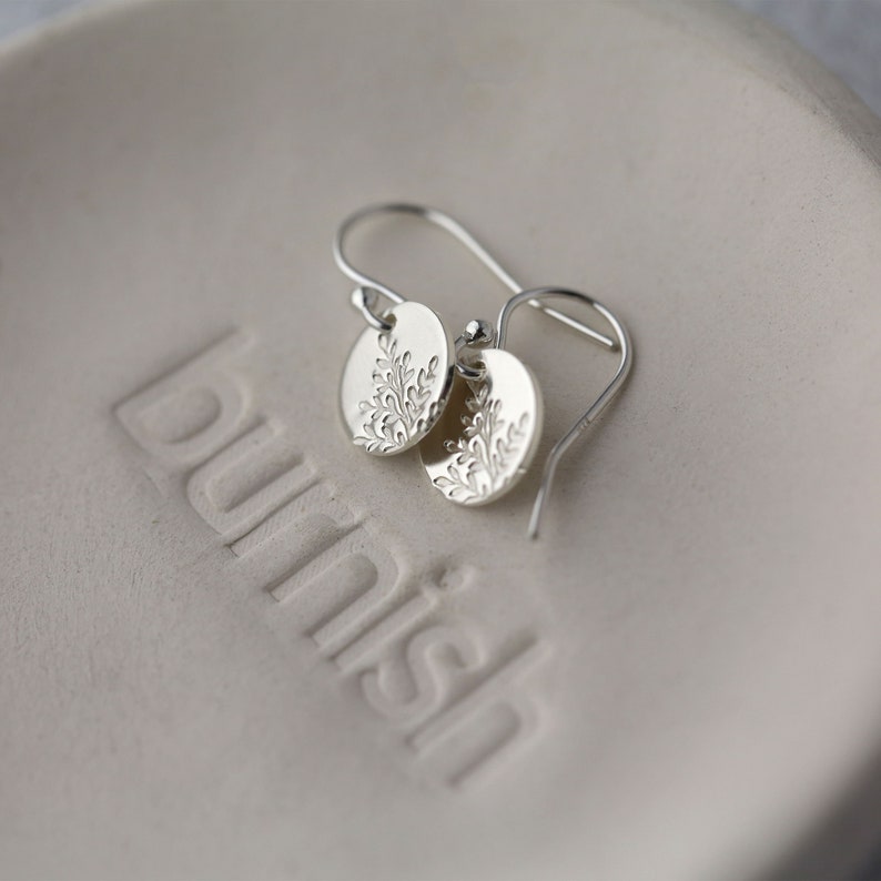 Tiny Hand Stamped Wildflower Silver Earrings Dainty Minimalist Nature Dangle Disc Leaf Earrings Handmade Jewelry by Burnish image 7