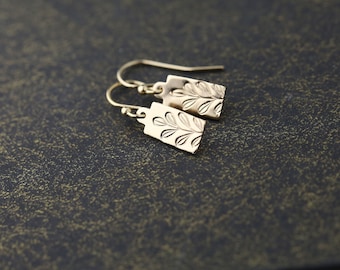 Dainty Stamped Leaf Gold Minimal Earrings • Tiny Gold Filled Earrings Dangle • Minimalist Earrings by Burnish